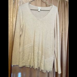 Chico’s Sweater Lace Trimmed Long Sleeve Beige